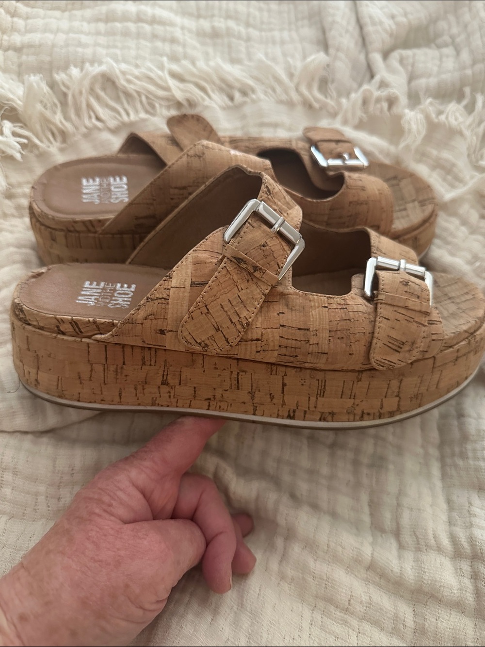 JANE AND THE SHOE Cork Textured Double-Buckle Sandals in Natural Tan